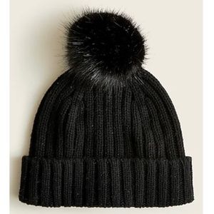 J Crew Ribbed puffy pom-pom wool blend beanie Black on Black